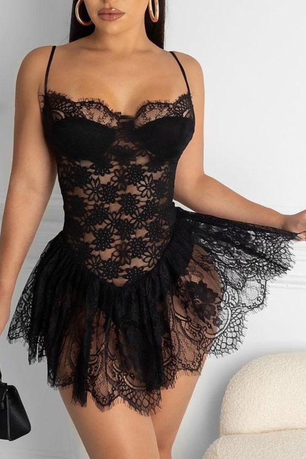 Lace Flattering See-Through Mini Dress