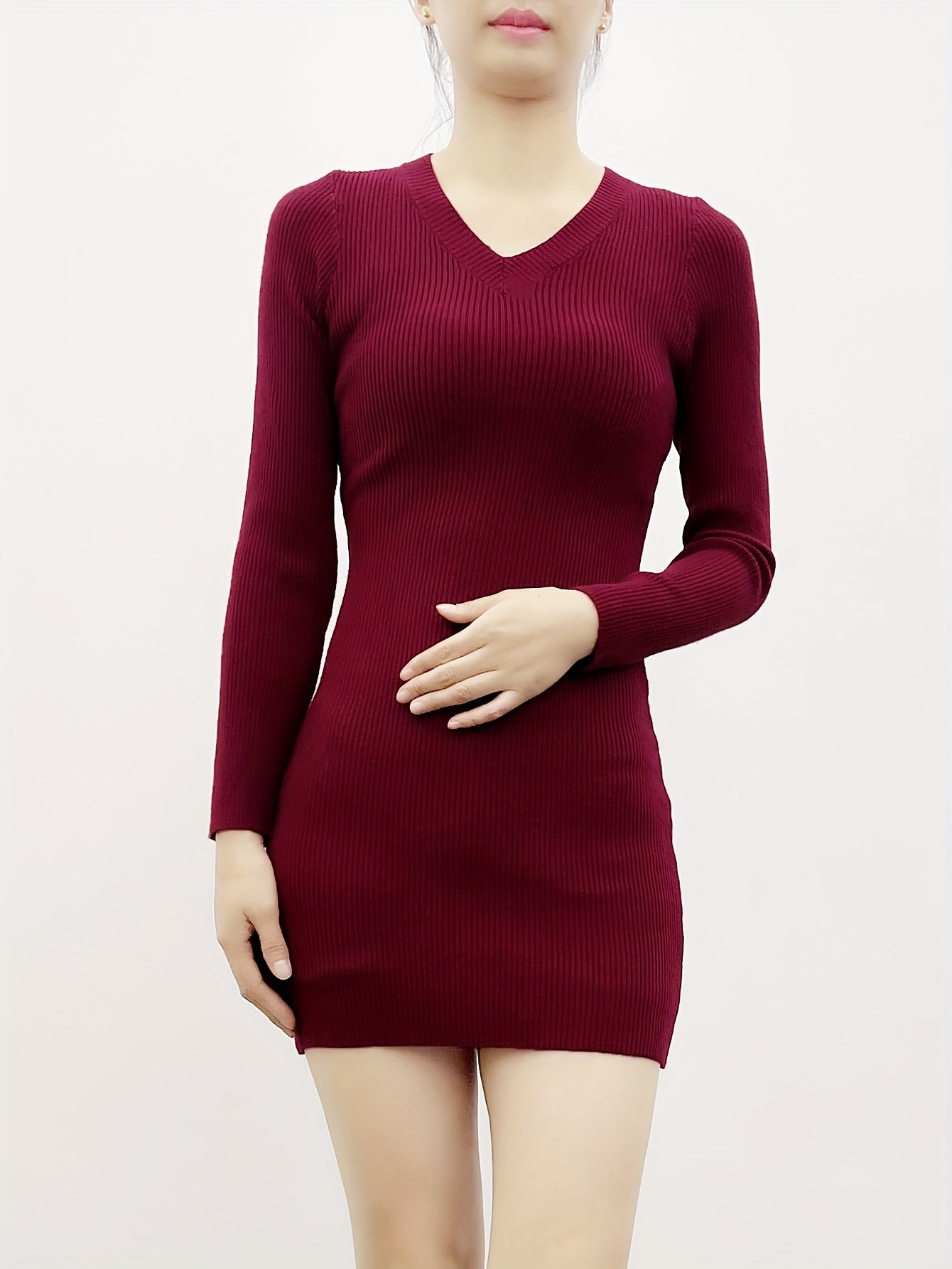 Cozy Solid Knit V-Neck Sweater Dress - Elegant Bodycon Dresses for Women - Long Sleeve, Fall & Winter Essential, Soft, Warm, and Comfortable Clothing