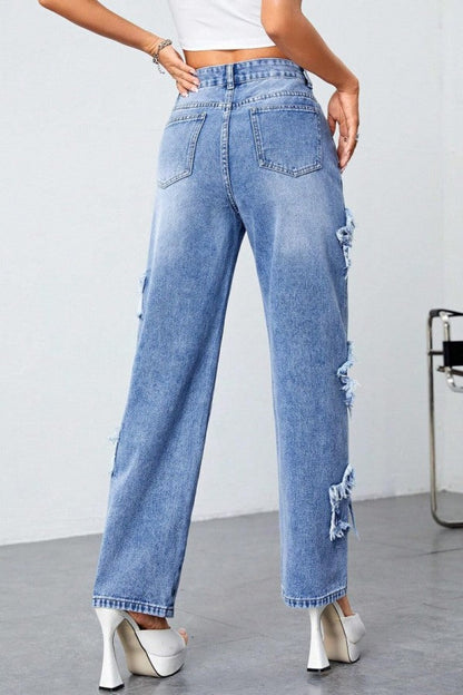 lovwvol  - Blue Casual Solid Patchwork High Waist Straight Denim Jeans