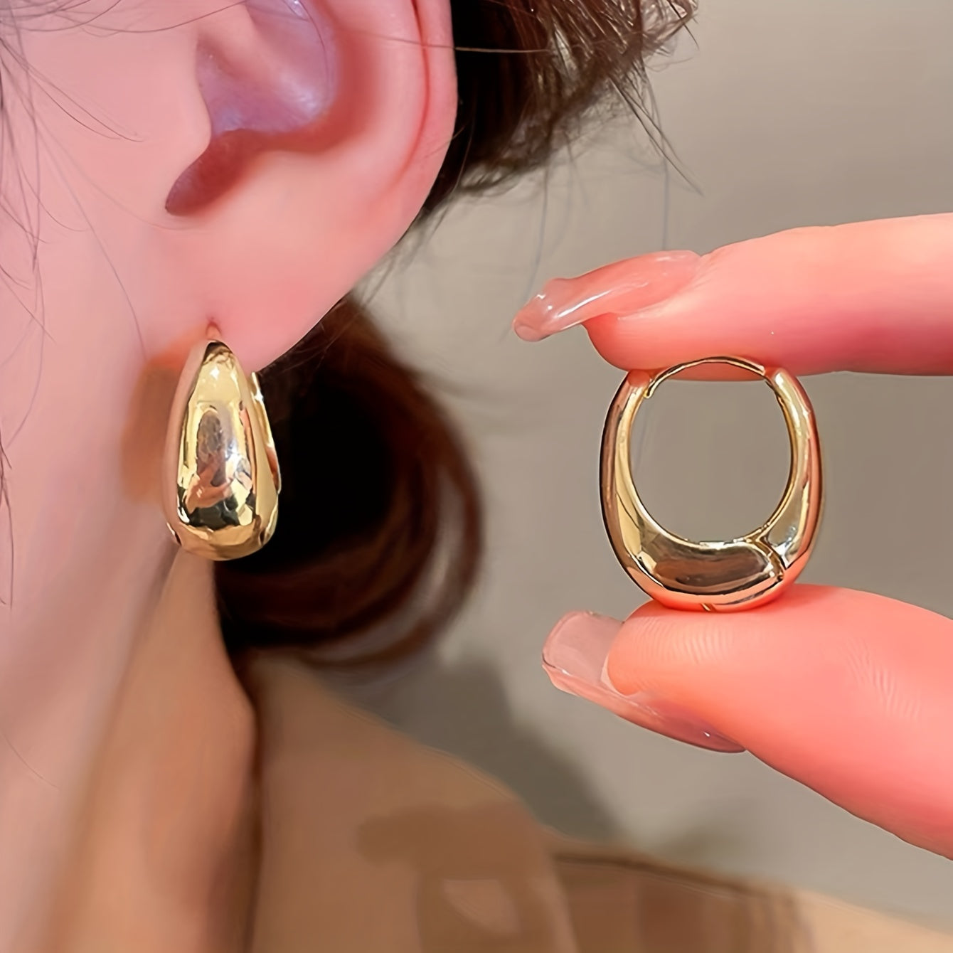 Vintage Copper Geometric Hoop Earrings - Chunky Shaped, Elegant Style, Glossy Finish, Female Ear Buckles with Unique Design, Perfect for Everyday Wear and Special Occasions