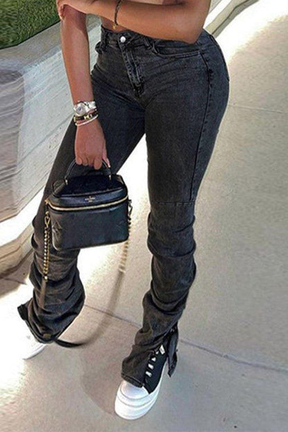 lovwvol  - Dark Gray Fashion Casual Solid Patchwork Slit Fold High Waist Regular Denim Jeans