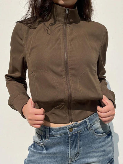 Vintage Brown Zip Up Slim Short Jacket