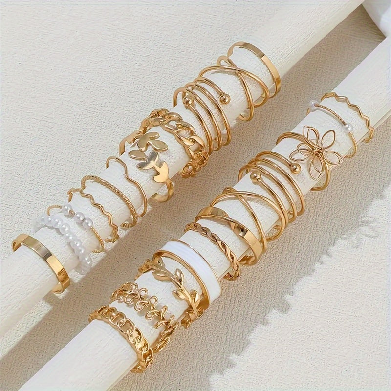 22pcs/Set Simple Elegant Style Stacking Rings Leaf Flower Design Mix And Match Daily Clothing Golden Or Silver Jewelry