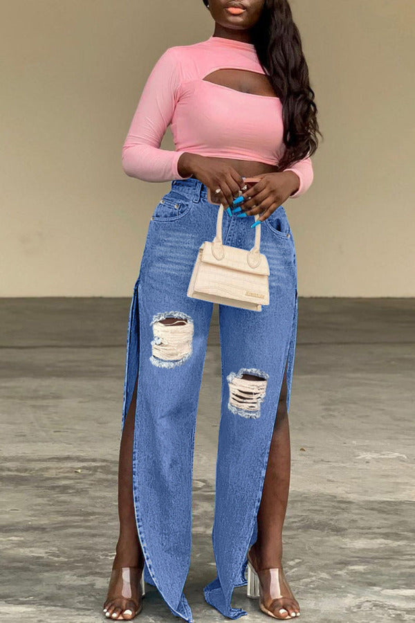 lovwvol  - Blue Sexy Street Solid Ripped Patchwork Slit High Waist Denim Jeans