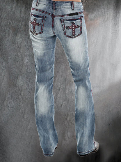 lovwvol  - Baby Blue Motorpunk Cross Pattern Denim Trousers