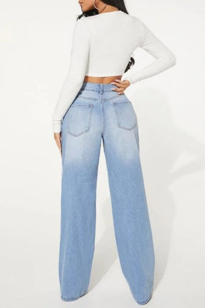 lovwvol  - Baby Blue Casual Solid Ripped High Waist Straight Denim Jeans (Subject To The Actual Object)