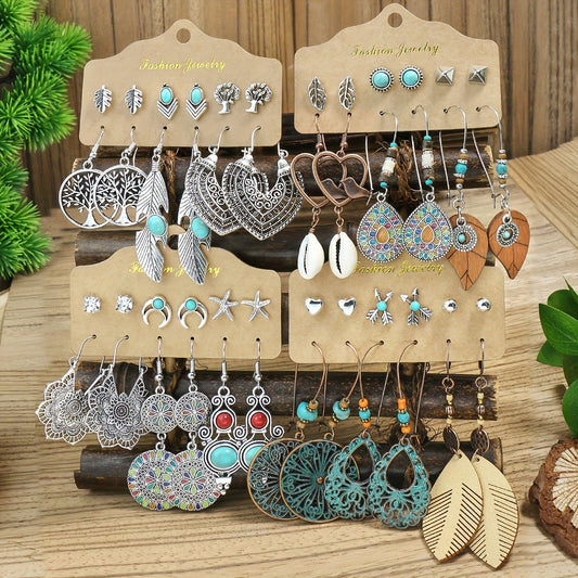 24-Pair Bohemian Earring Set - Turquoise Inlaid Studs & Dangles - Fashion-Forward Design for Holiday Glam