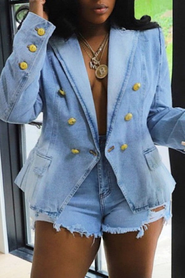 lovwvol  - Light Blue Casual Solid Patchwork Turndown Collar Long Sleeve Regular Denim Jacket