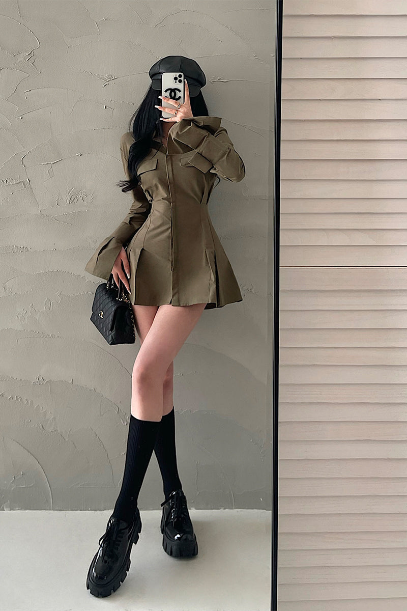 CreamTopMall Chelly Solid Color Slim Long Sleeves Shirt Pleated Button Up Waist Short Mini Dress