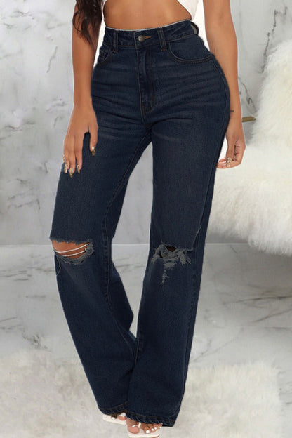 lovwvol  - Dark Blue Casual Solid Ripped Patchwork High Waist Denim Jeans