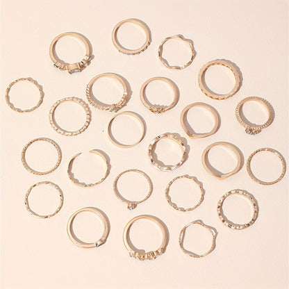 Elegant & Trendy 23pc Mix & Match Ring Set - Geometric, Moon & Star Designs with Rhinestone and White Drip Oil Accents