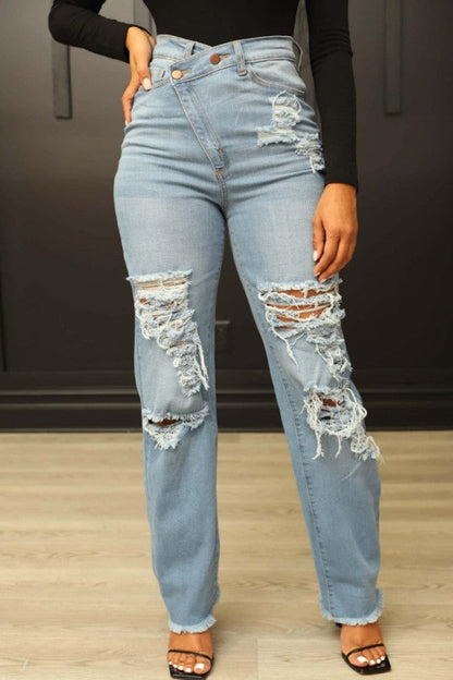 lovwvol  - Blue Casual Solid Ripped Patchwork High Waist Regular Denim Jeans