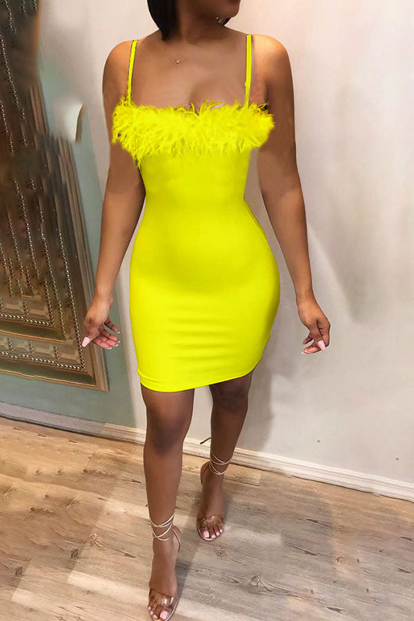 Solid Color Feather Elegant Bodycon Mini Dress