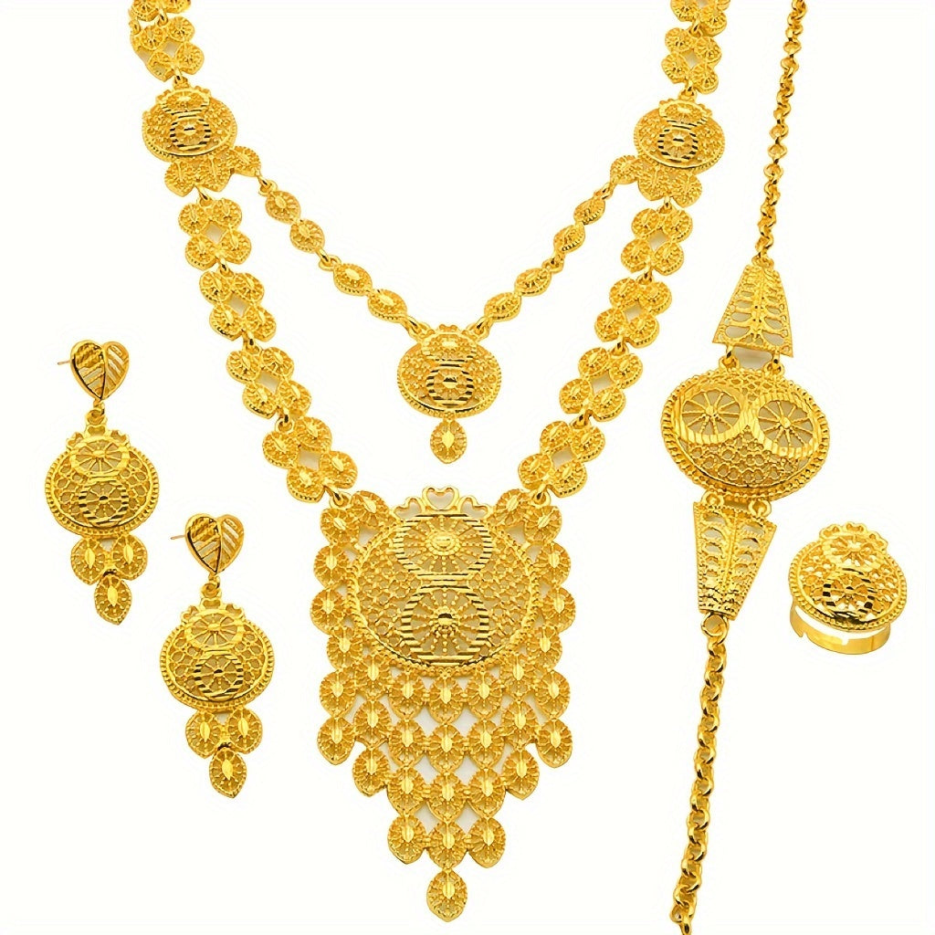 5-Piece Exquisite Middle Eastern Golden Filigree Jewelry Set - Intricately Designed, Ornate, and Festive - Perfect for Eid, Party, and Festival Wear, Ideal Gift for Loved Ones