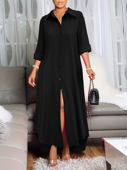 Stylish Button Front Shirt Dress - Soft, Breathable, Long Sleeve, Casual, Comfortable, Versatile, Easy to Wear - Perfect for Spring & Fall, Women's Everyday Clothing