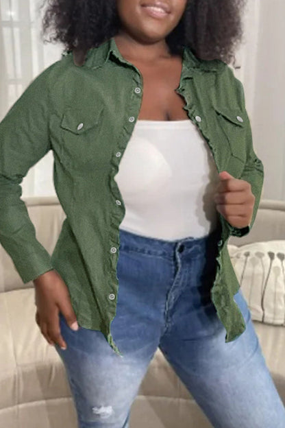 lovwvol  - Army Green Fashion Casual Solid Patchwork Turndown Collar Long Sleeve Regular Denim Jacket