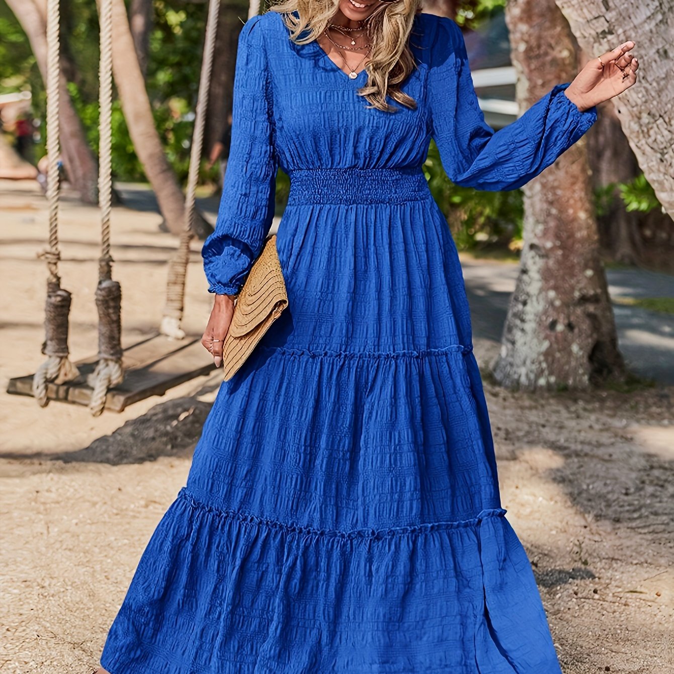 Chic Solid V-neck Textured Maxi Dress - Flattering Vacation Style with Smocked Long Sleeves - Versatile Womens Clothing for All Seasons