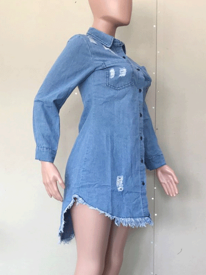 Ripped Denim Tassel Mini Dress