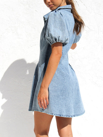 Turndown Collar Ruched Denim Dress