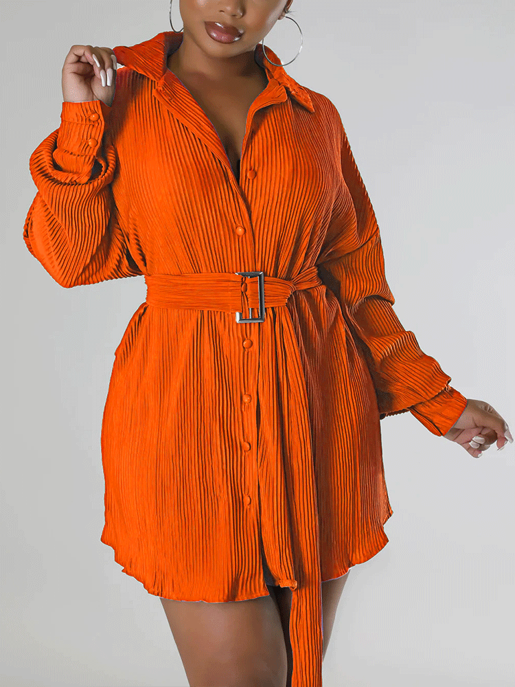 Ruched Long Sleeve Mini Dress With Belt