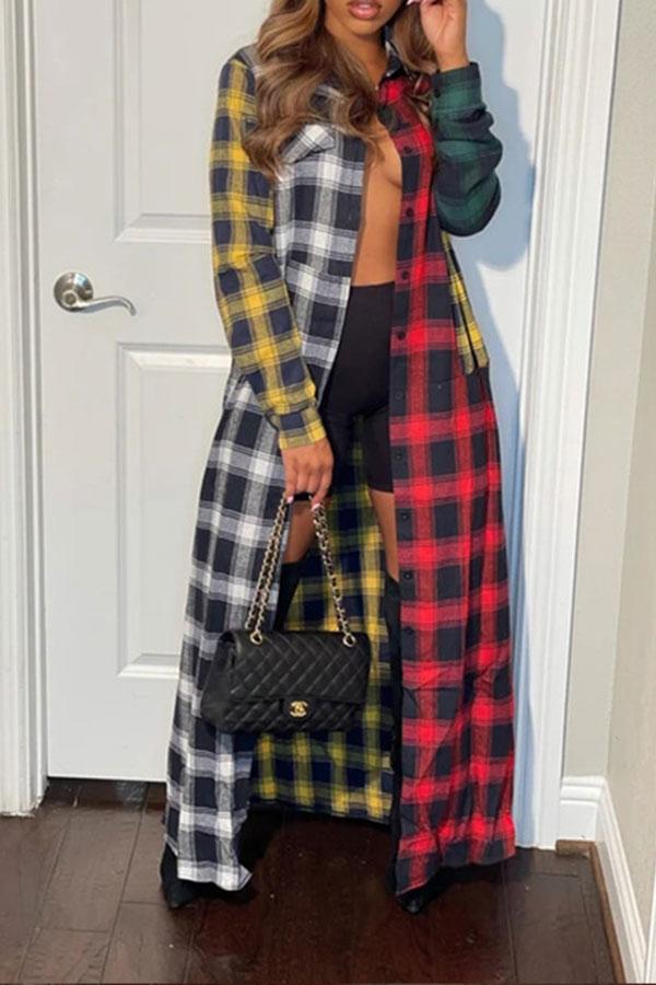 Plaid Color Block Lapel Classic Maxi Dress