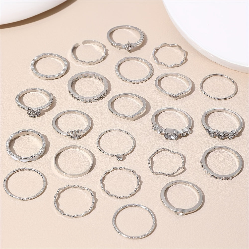 Elegant & Trendy 23pc Mix & Match Ring Set - Geometric, Moon & Star Designs with Rhinestone and White Drip Oil Accents