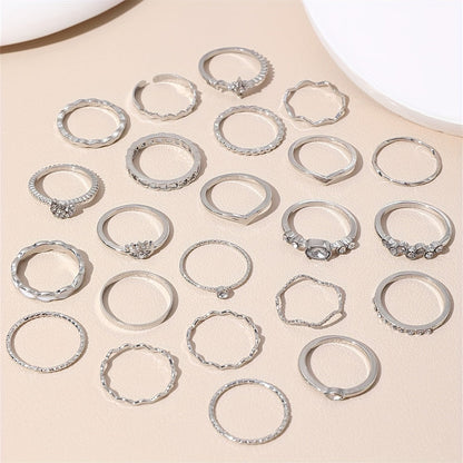 Elegant & Trendy 23pc Mix & Match Ring Set - Geometric, Moon & Star Designs with Rhinestone and White Drip Oil Accents