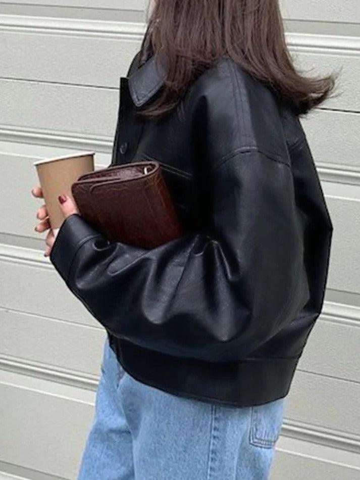 Vintage Lapel Neck Pocket Loose Short Leather Jacket