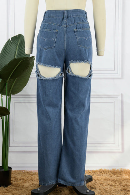 lovwvol  - Blue Casual Solid Ripped High Waist Regular Denim Jeans