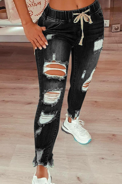 lovwvol  - Grey Casual Patchwork Ripped High Waist Skinny Denim