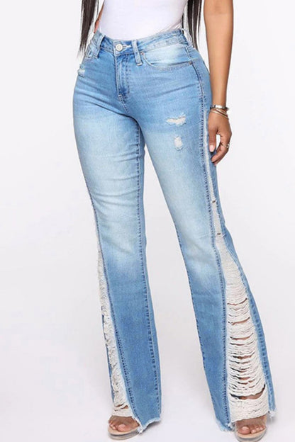 lovwvol  - Baby Blue Casual Patchwork Ripped High Waist Regular Denim Jeans