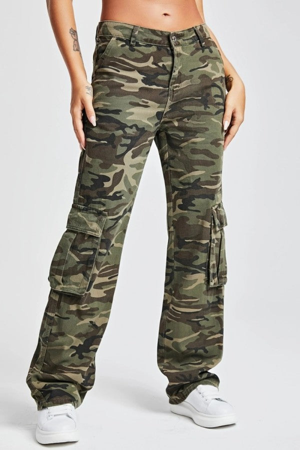 lovwvol  - Army Green Casual Camouflage Print Patchwork Mid Waist Denim Jeans