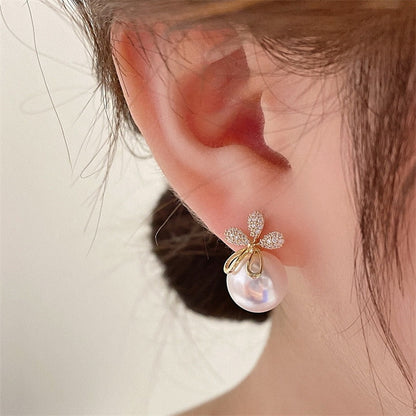 Korean New Exquisite Bow Pearl Stud Earrings For Women Contracted Crystal Heart Shape Earring Girl Temperament Jewelry