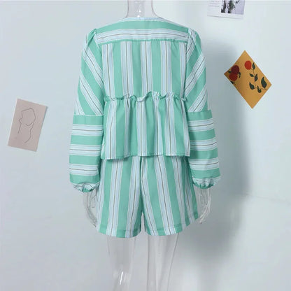 lovwvol Women Casual Stripe Shirt Shorts Sets Lace Up Hollow Out High Waist Wide Leg Short Pant Top Suit Summer Holiday 2 Piece Set