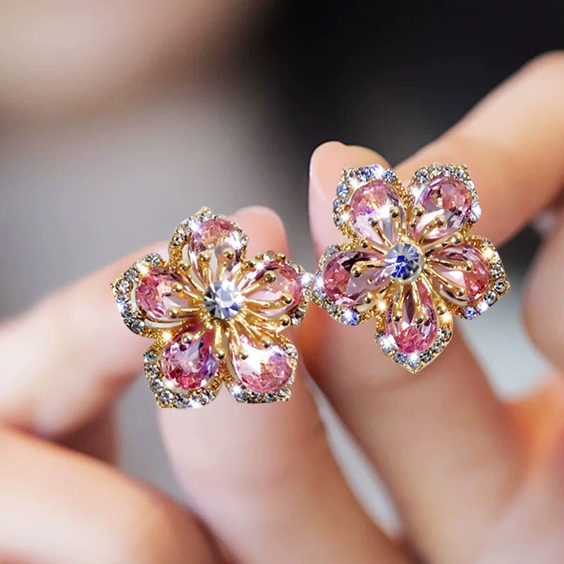 New Korean Luxury Crystal Zircon Stud Earring For Women Red Flowers Heart Pearl Bow Knot Earrings Christmas New Year Jewelry