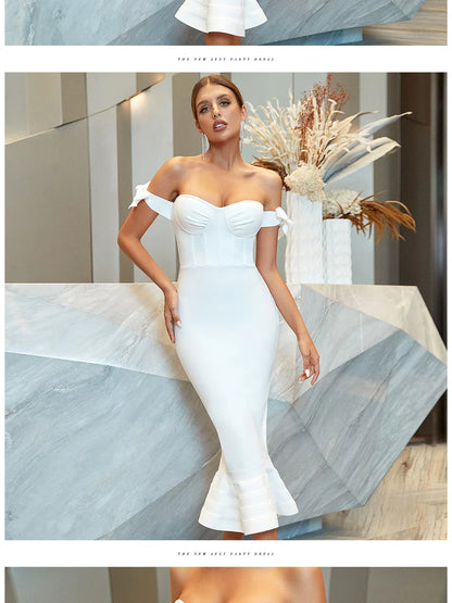 New Summer Off Shoulder Bandage Mermaid Dress Sexy  Bow Sleeve Bodycon Club Celebrity Evening Party Dresses Vestidos