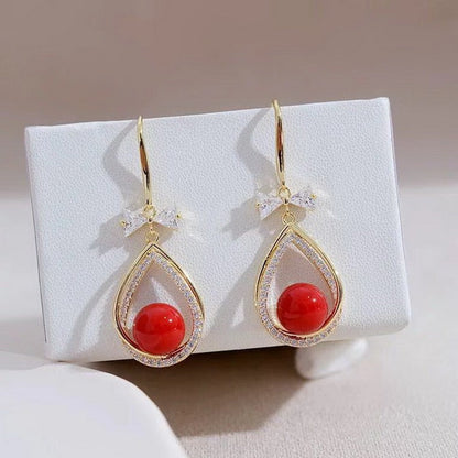 New Korean Luxury Crystal Zircon Stud Earring For Women Red Flowers Heart Pearl Bow Knot Earrings Christmas New Year Jewelry