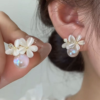 New Fashion Zircon Flower Stud Earrings For Women Korean Shiny Crystal Imitation Pearl Earring Bridal Wedding Party Jewelry