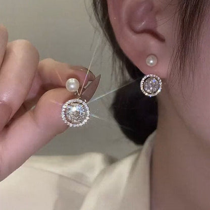 New Fashion Zircon Flower Stud Earrings For Women Korean Shiny Crystal Imitation Pearl Earring Bridal Wedding Party Jewelry