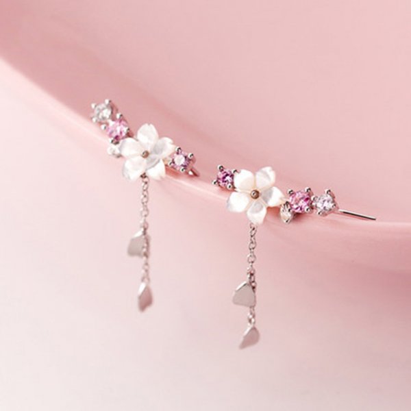 New Korean Style Flower Asymmetrical Dangle Earrings for Women Shiny Rhinestone Long Tassel Cute Cat Earring Sweet Jewelry