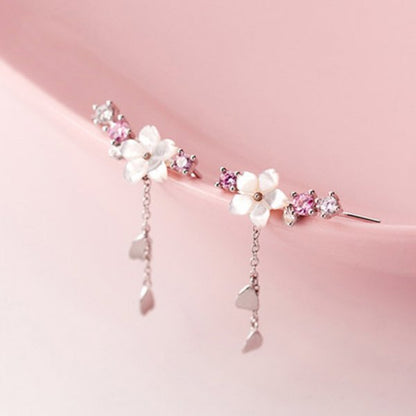 New Korean Style Flower Asymmetrical Dangle Earrings for Women Shiny Rhinestone Long Tassel Cute Cat Earring Sweet Jewelry