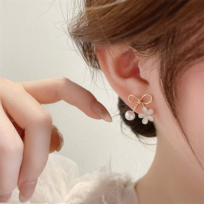 Korean New Exquisite Bow Pearl Stud Earrings For Women Contracted Crystal Heart Shape Earring Girl Temperament Jewelry