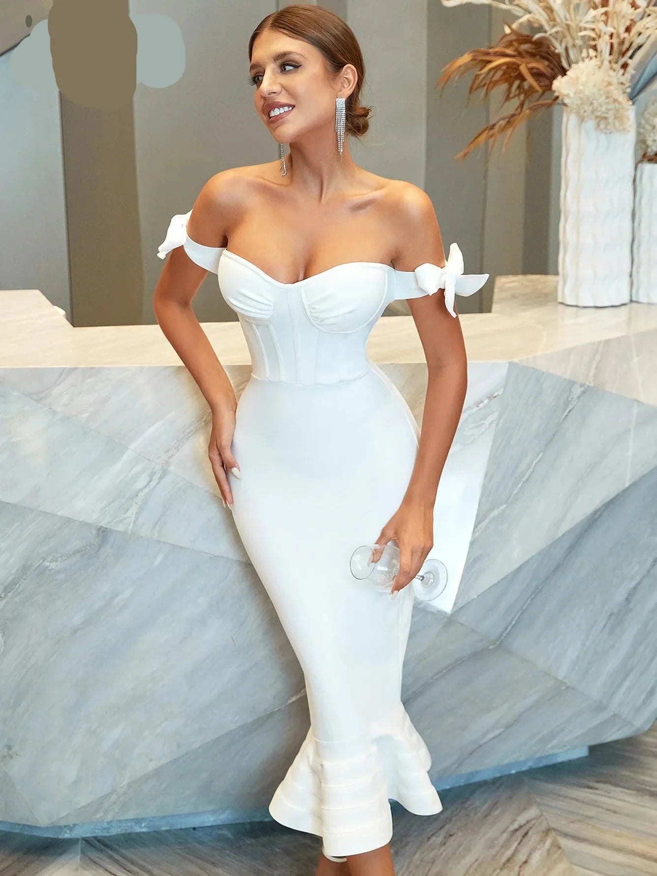 New Summer Off Shoulder Bandage Mermaid Dress Sexy  Bow Sleeve Bodycon Club Celebrity Evening Party Dresses Vestidos