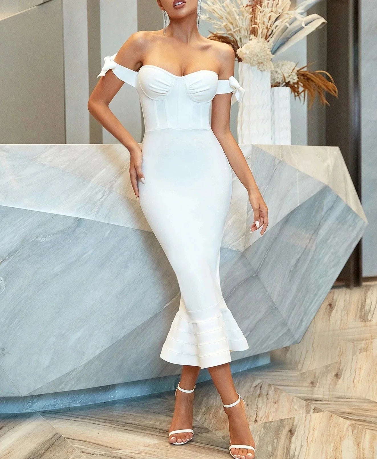 New Summer Off Shoulder Bandage Mermaid Dress Sexy  Bow Sleeve Bodycon Club Celebrity Evening Party Dresses Vestidos