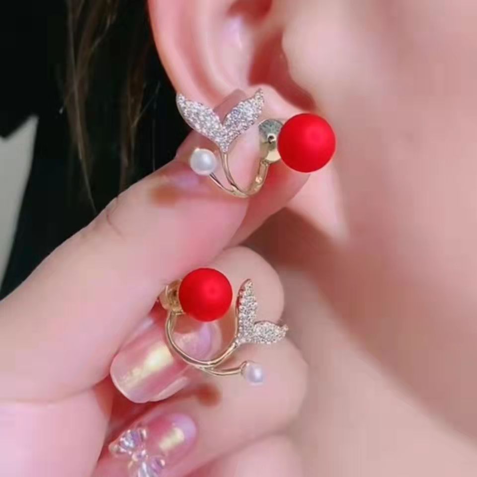 French Light Luxury Pink Tulip Flower Pearl Stud Earrings For Women Korean Zircon Exquisite Earring Party Christmas Jewelry Gift