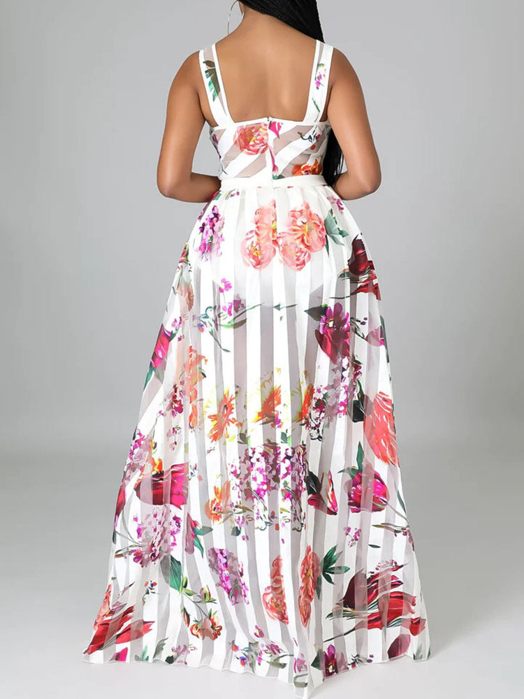 Strap Floral Printed Sheer Maxi Dresses