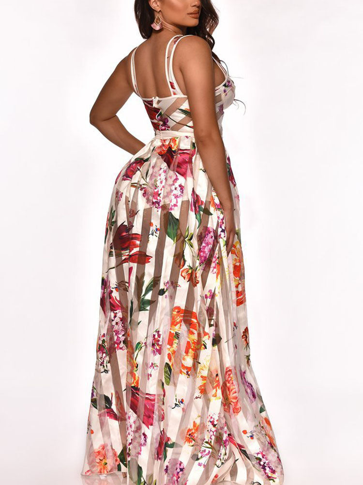 Strap Floral Printed Sheer Maxi Dresses