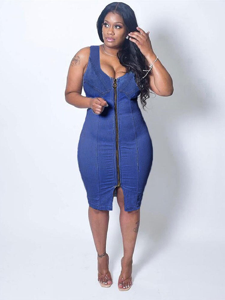 Sleeveless Zipper Slim Denim Dress