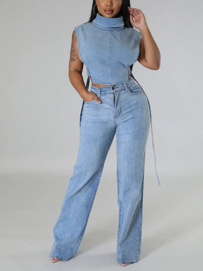 Denim Sleeveless Turtleneck Top