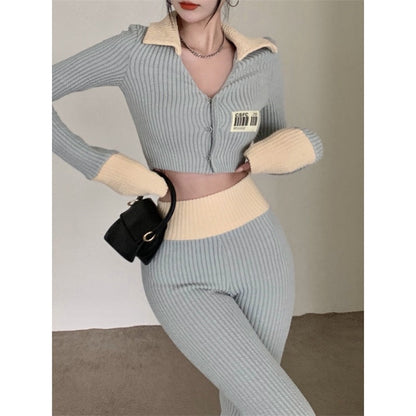 Korean Fashion Simple Casual Two Piece Tracksuit Women Crop Top + Pants Suits Autumn Winter 2 Piece Pants Sets Trousers Suits